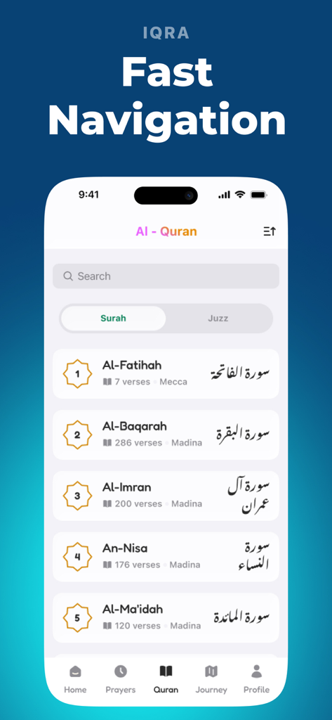 Iqra: Quran Tutor - Iqra Quran Tutor app interface showing fast navigation through a list of Surahs