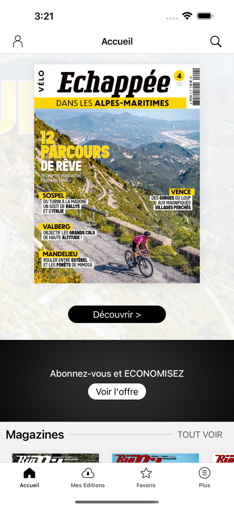 Big Bike Magazine - Homepage dell'app Big Bike Magazine con la copertina di una rivista di ciclismo su una strada di montagna panoramica