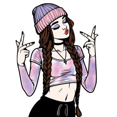 realistic teenage girl with braids and a beanie and crop top doing 🫶🏼