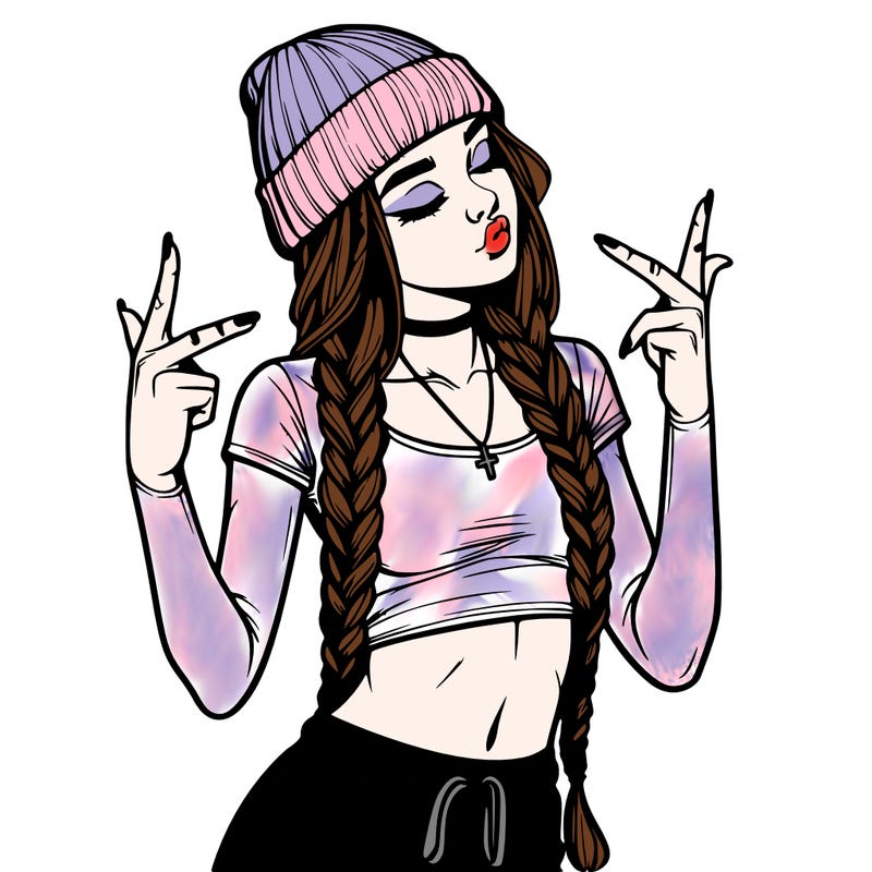 realistic teenage girl with braids and a beanie and crop top doing 🫶🏼