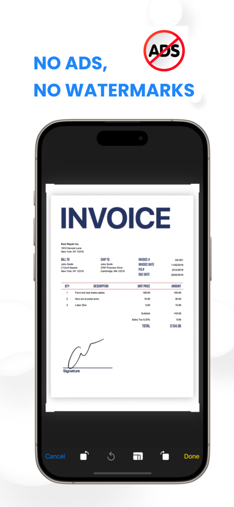 Photo To PDF Convertor Pro: AI - iPhone screen showing a scanned invoice with text highlighting no ads and no watermarks