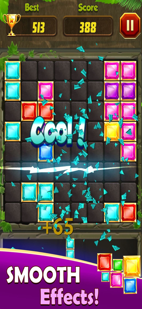 Jugabilidad de Block Puzzle Jewel Blast mostrando coloridos bloques de gemas y efectos de explosión