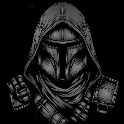 realistic warrior bounty hunter with mask and hood on