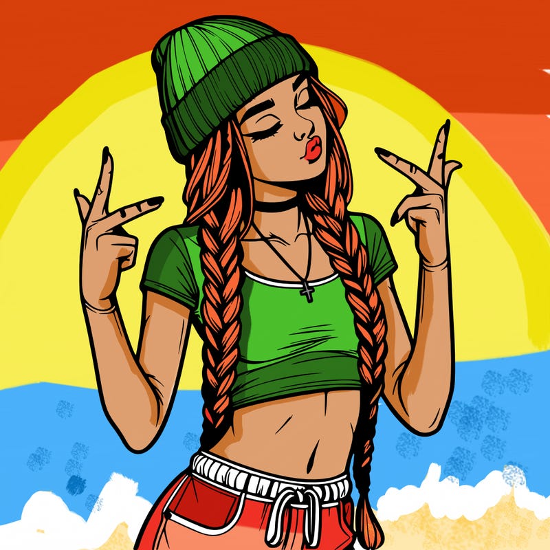 realistic teenage girl with braids and a beanie and crop top doing 🫶🏼