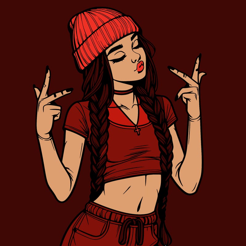 realistic teenage girl with braids and a beanie and crop top doing 🫶🏼