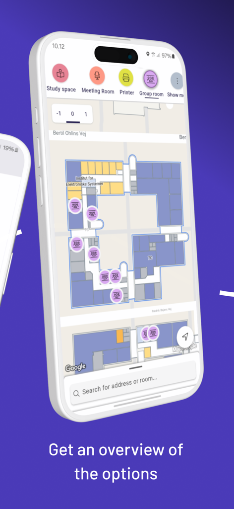 AAU Map - Interfaccia dell'app Mappa AAU che mostra una planimetria interna del campus con filtri di navigazione per spazi studio e sale riunioni