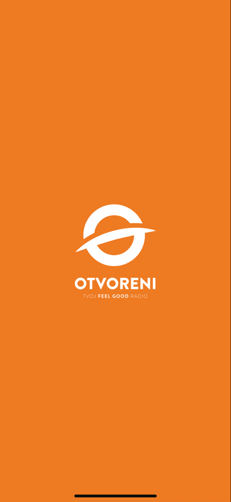 Otvoreni radio - Otvoreni radio Startbildschirm mit Logo und Gute-Laune-Schlagzeile auf orangefarbenem Hintergrund