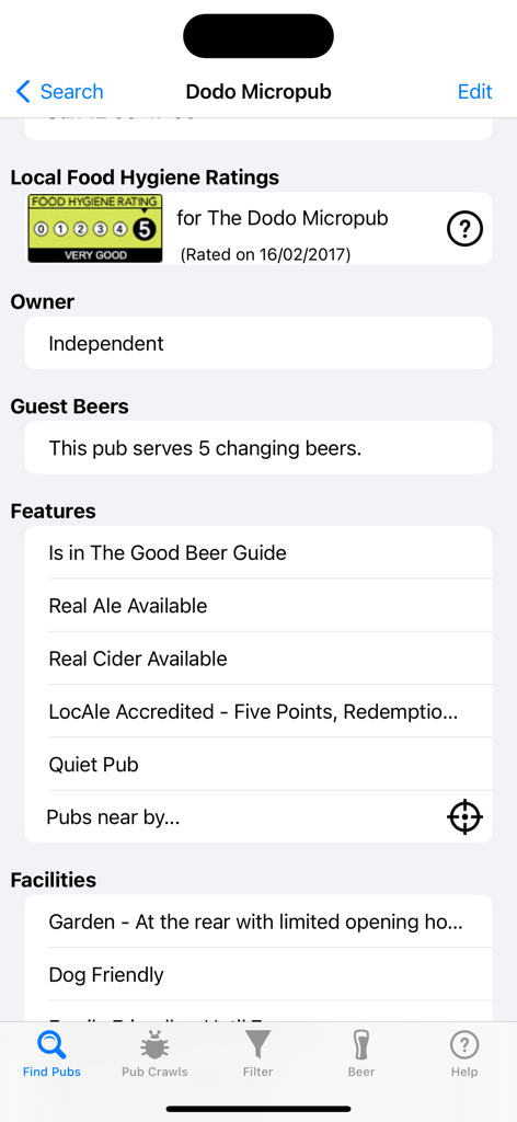 Pub Crawler - Capture d'écran de l'application Pub Crawler montrant les détails de Dodo Micropub, y compris sa note d'hygiène alimentaire, ses bières invitées et ses installations comme les chiens admis.