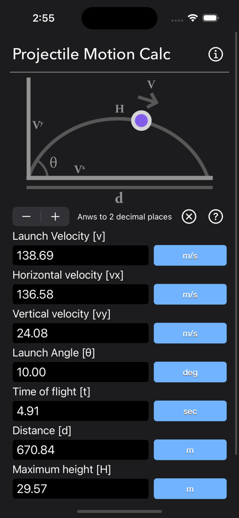 Projectile Motion Calc - Interface of Projectile Motion Calc app displaying trajectory data and physics parameters