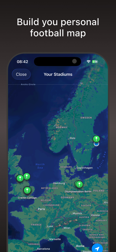 Ground Hopper Stadium Passport - A map interface in the Ground Hopper app showing visited football stadiums across Europe with green pins.
