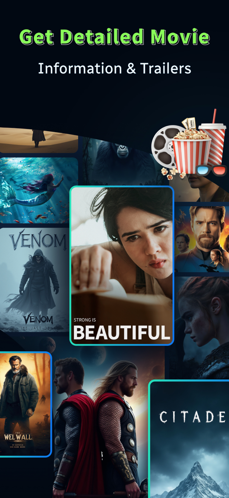 MovieBox - Movie & TV Shows - MovieBox app screen showing various movie posters and a call to action for movie information and trailers.