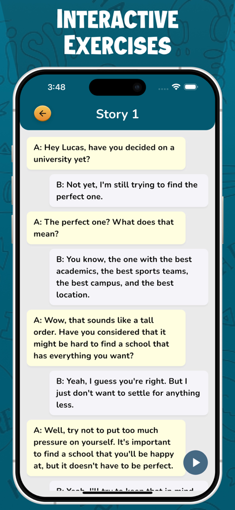 Speak English Fluently 2026 - A mobile screen showing an interactive English conversation exercise about choosing a university