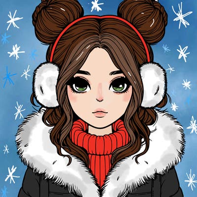 realistic girl with buns on her head wearing fur coat and earmuffs