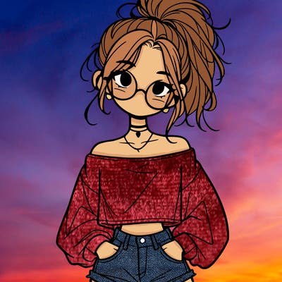 girl with a messy ponytail glasses a baggy crop top and jean shorts