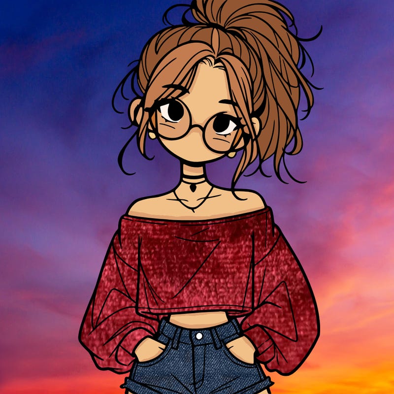 girl with a messy ponytail glasses a baggy crop top and jean shorts