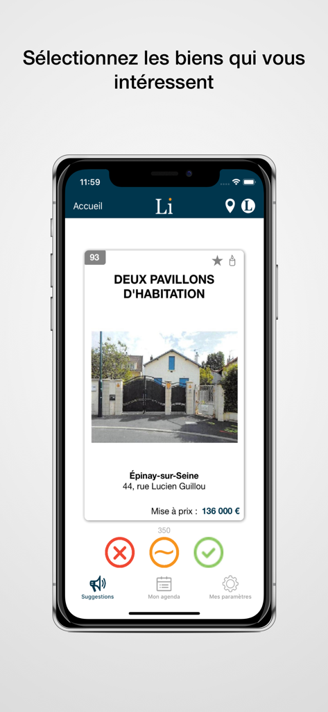 Licitor - Licitor app interface showing a judicial real estate auction listing for a residential property.