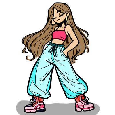 girl in baggy pants crop top and long hair
