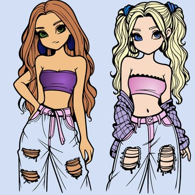 2 girls in crop tops and baggy jeans ripped