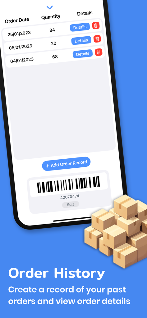 A mobile interface for Stock Control showing the order history list with quantities and dates
