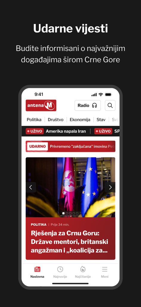 AntenaM mobile app home screen showing breaking news and political articles from Montenegro