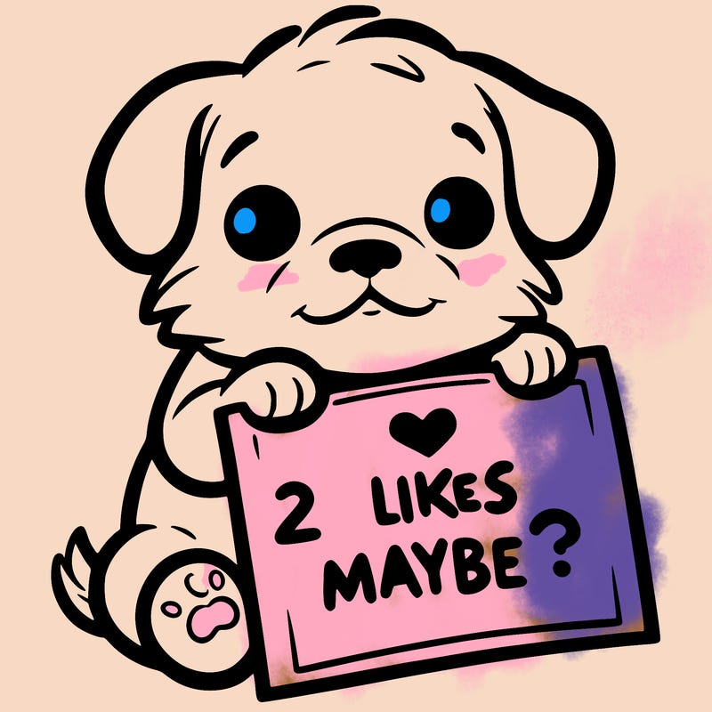 a puppy holding a sign that says 2 likes maybe?
