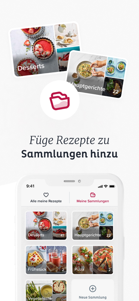 Interface of the Betty Bossi app showcasing recipe collections for desserts and main dishes