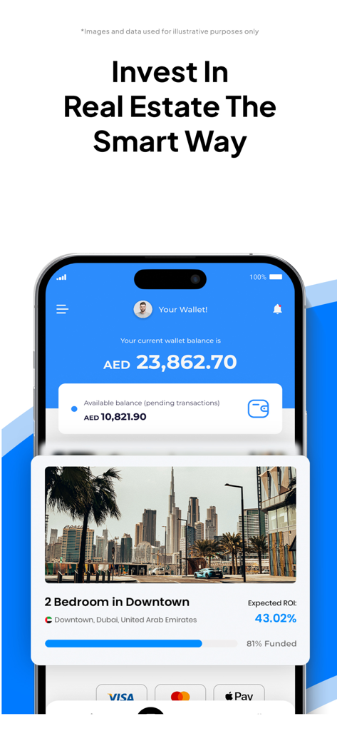 SmartCrowd 앱에 두바이 부동산 투자 부동산과 사용자 지갑 잔액이 표시됩니다.