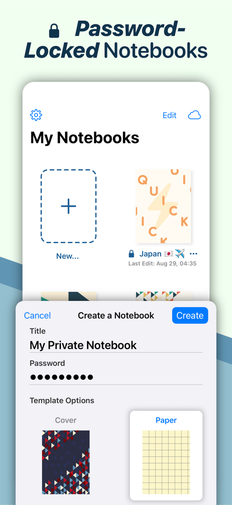 Interface of QuickNotes X showing how to create a password protected private notebook with custom covers and paper templates