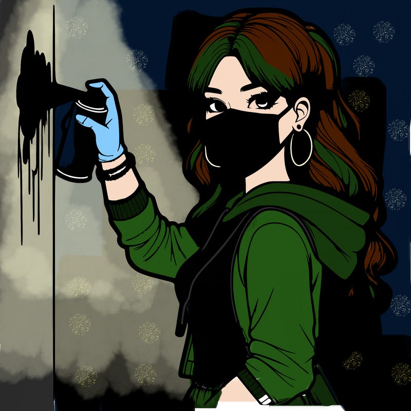 realistic girl with mask spray painting a wall