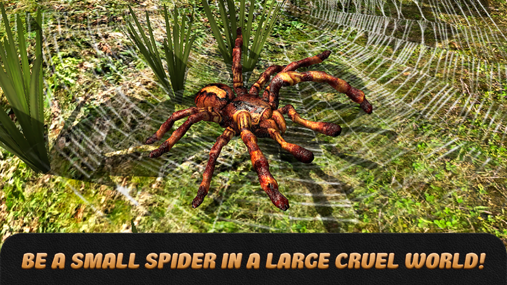 Spider Life Simulator 3D - Uma aranha-lobo 3D sentada em sua teia em um campo gramado com a legenda Seja uma pequena aranha em um mundo grande e cruel