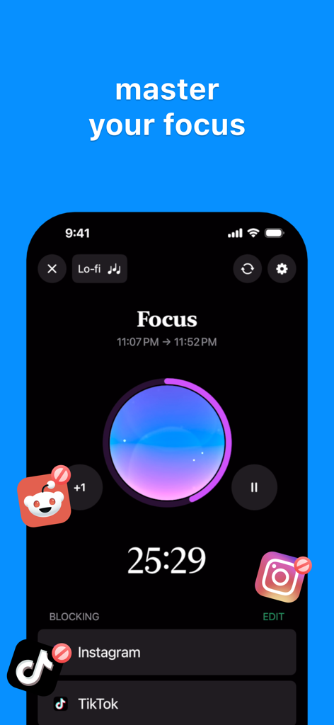 Timmy: App Blocker - Timmy app focus session interface showing a countdown timer and blocked social media apps like Instagram and TikTok