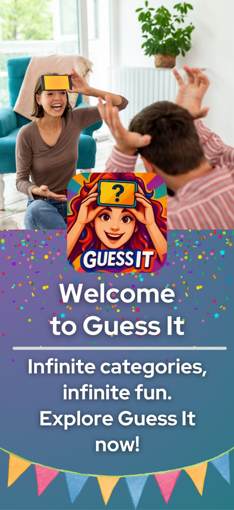 Guess It - Charades with AI - Two people playing a charades party game with a phone on the forehead