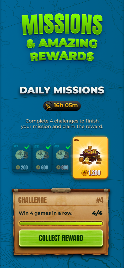 Domino Duel - Online Dominoes - Écran des missions quotidiennes dans Domino Duel montrant un défi terminé et des récompenses en pièces