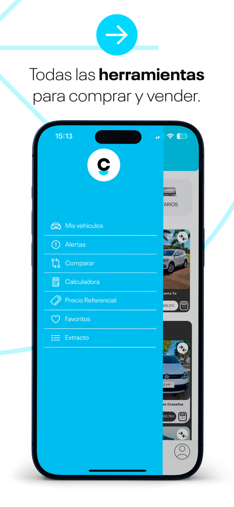 Carden - Carden App-Menü mit Auto-Vergleichs- und Preisreferenz-Tools.
