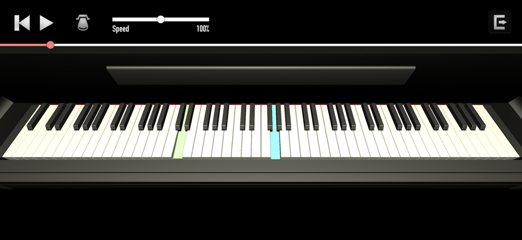 Pianofy - Learn & Play Piano - A 3D virtual piano keyboard in the Pianofy app showing highlighted keys and playback controls for learning songs.