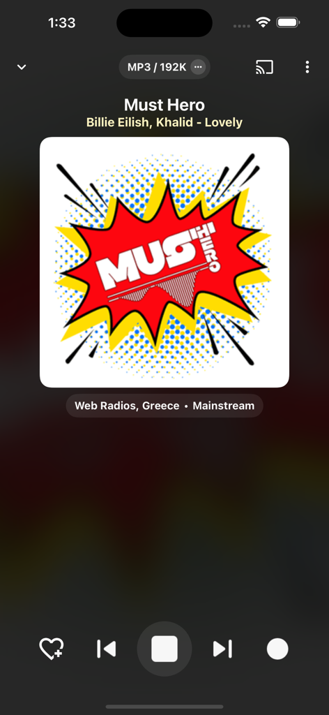 The player interface of the VRadio app displaying a streaming radio station from Greece with music playback controls.
