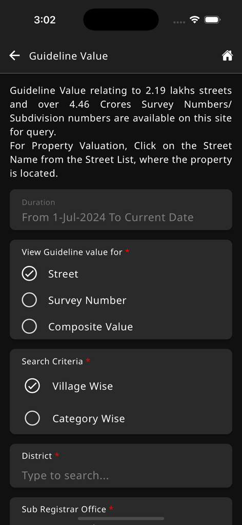 TNREGINET - TNREGINET app interface for searching property guideline values in Tamil Nadu
