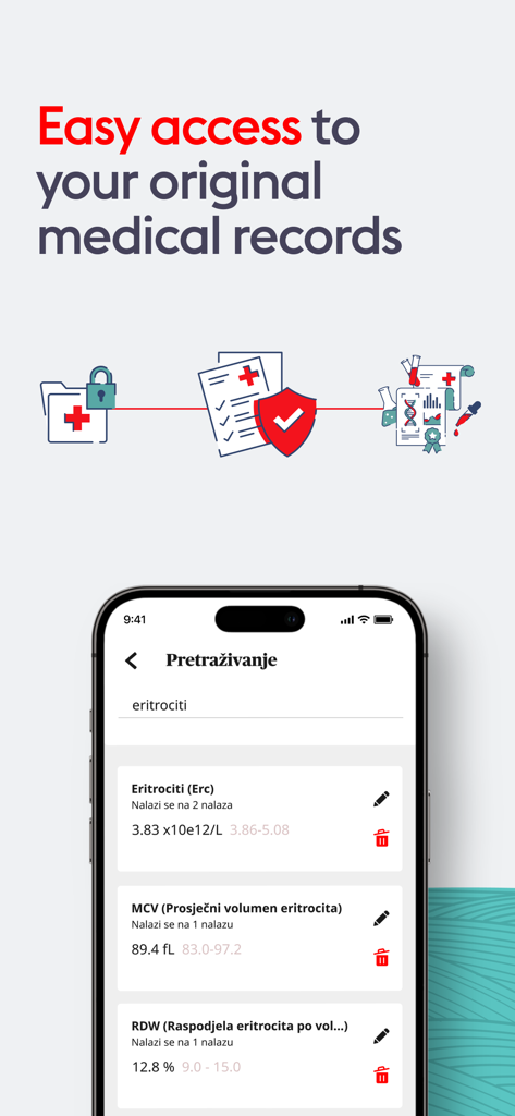 Meddox - Smartphone displaying the Meddox app interface with search results for lab data and medical records
