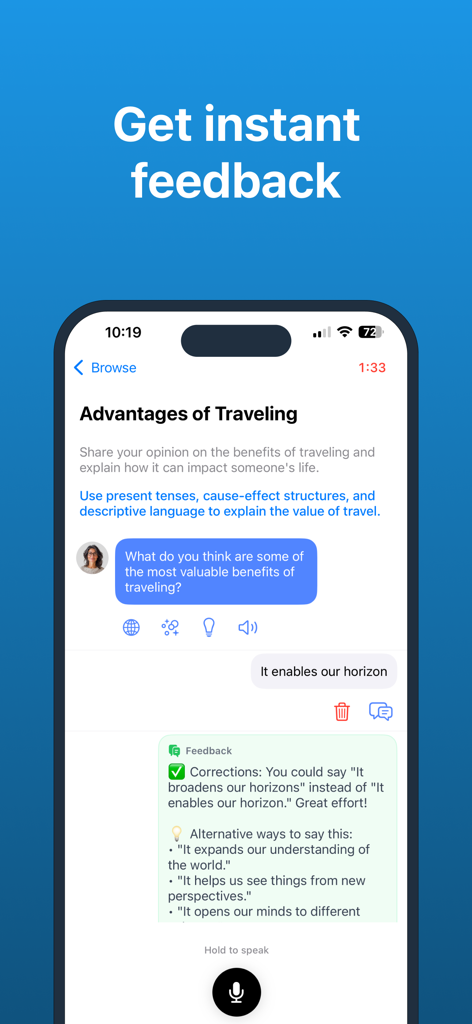 Flowo AI smartphone interface showing real time grammar corrections and alternative phrasing for a conversation about traveling