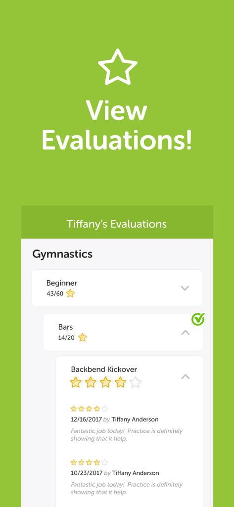 The iClassPro App - La aplicación iClassPro mostrando evaluaciones de habilidades de gimnasia y comentarios del entrenador para un estudiante