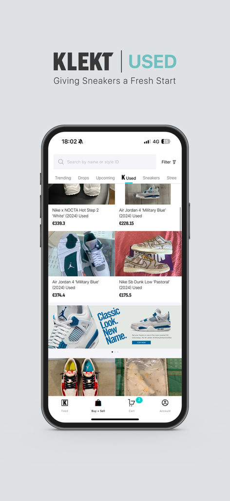 Écran de l'application KLEKT affichant une marketplace de baskets authentiques d'occasion comme Nike et Air Jordan avec des prix en Euros.