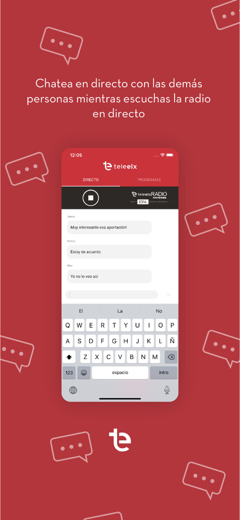 Interfaz de la app TeleElx mostrando una función de chat en vivo para usuarios mientras escuchan la radio