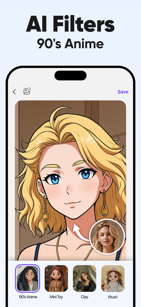 AI 필터를 사용하여 여인의 초상화를 90년대 애니메이션 일러스트로 변환한 모바일 앱 화면