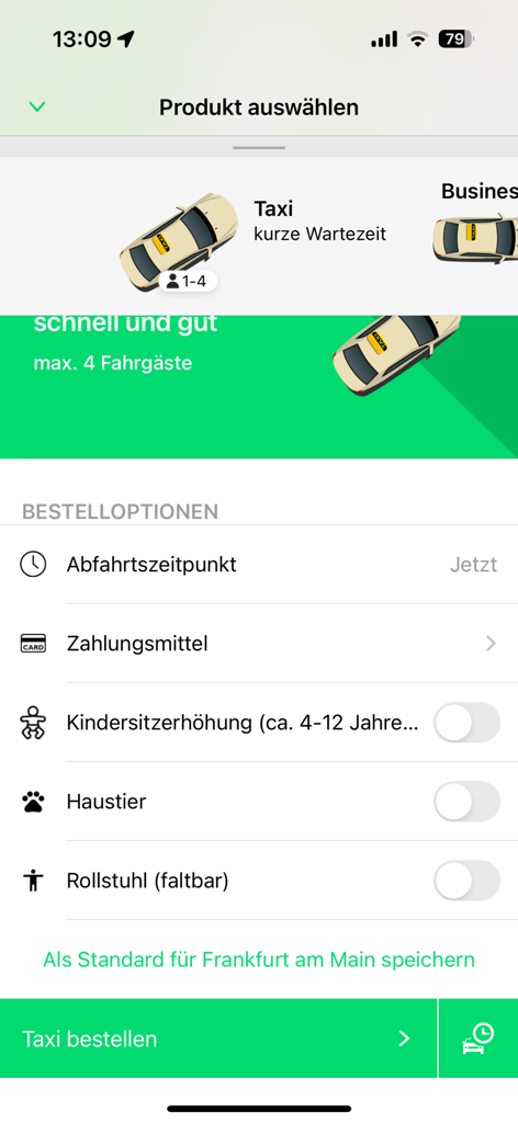 Taxi Deutschland - Taxi Deutschland Mobile App-Bildschirm mit Optionen zur Auswahl eines Taxis und zur Anpassung von Fahrtdetails wie Zahlungsmethode und Kindersitzen