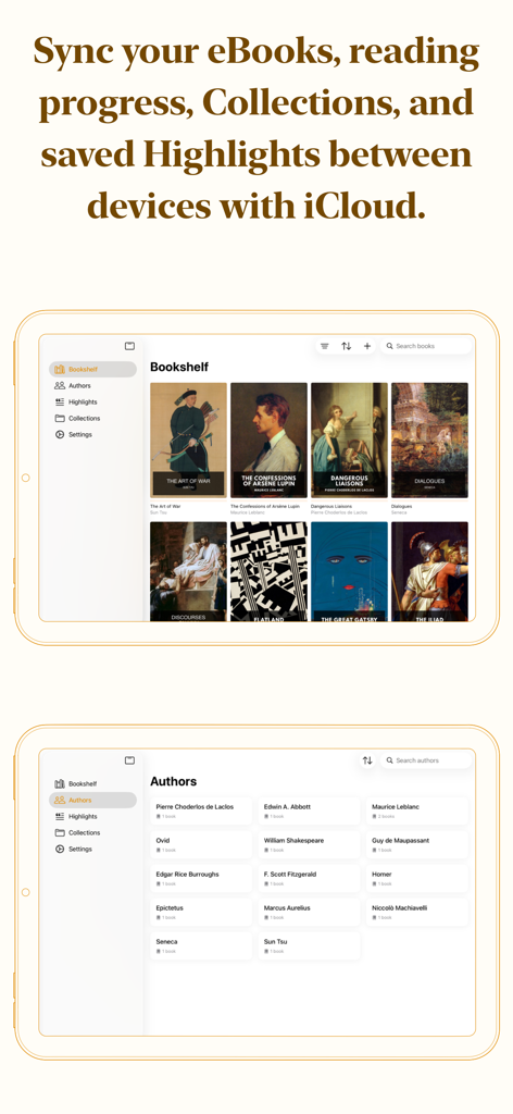 ePub Pro - ePub Pro の iPad スクリーンショット。iCloud 同期メッセージとともに、電子書籍ライブラリと著者リストを表示しています。