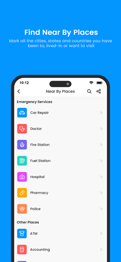 Gps Area Calculator: Land Calc - Tela de locais próximos mostrando categorias para serviços de emergência e outros pontos de interesse no aplicativo de medição de terreno