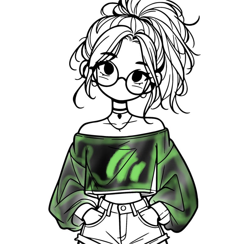 girl with a messy ponytail glasses a baggy crop top and jean shorts