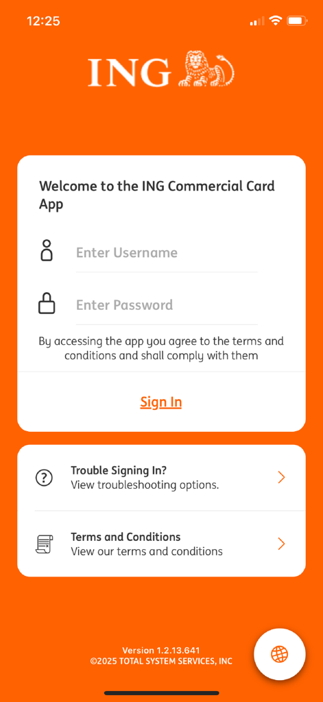 ING Commercial Card - Login screen of the ING Commercial Card mobile app with username and password input fields
