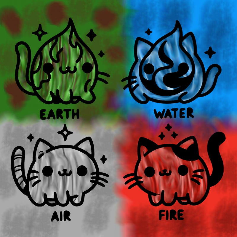 4 cats that represent the different elements, earth, water, air, and fire