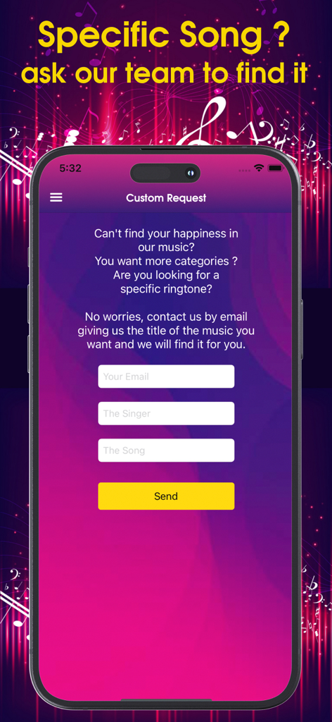 iPhone app screen for requesting a custom ringtone by song and singer name